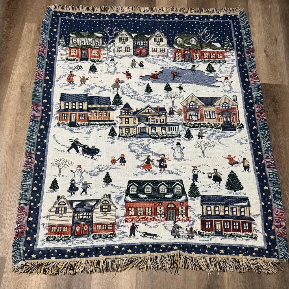 Vintage Winter Scene Village Ice Skating Tapestry Throw Blanket 45 X 55